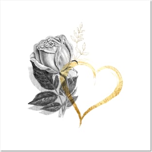 Black Rose Flower with Gold Heart Posters and Art